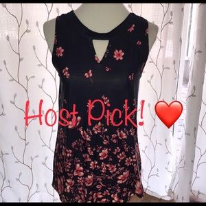HP Floral Sleeveless Blouse With Keyhole Navy